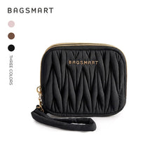 Black quilted mini coin purse and card holder wallet with gold hardware