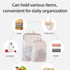 A clear honeycomb mesh laundry bag shown with various items like socks, underwear, cosmetics, fruit, and food seasoning.