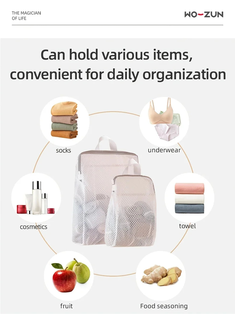 A clear honeycomb mesh laundry bag shown with various items like socks, underwear, cosmetics, fruit, and food seasoning.