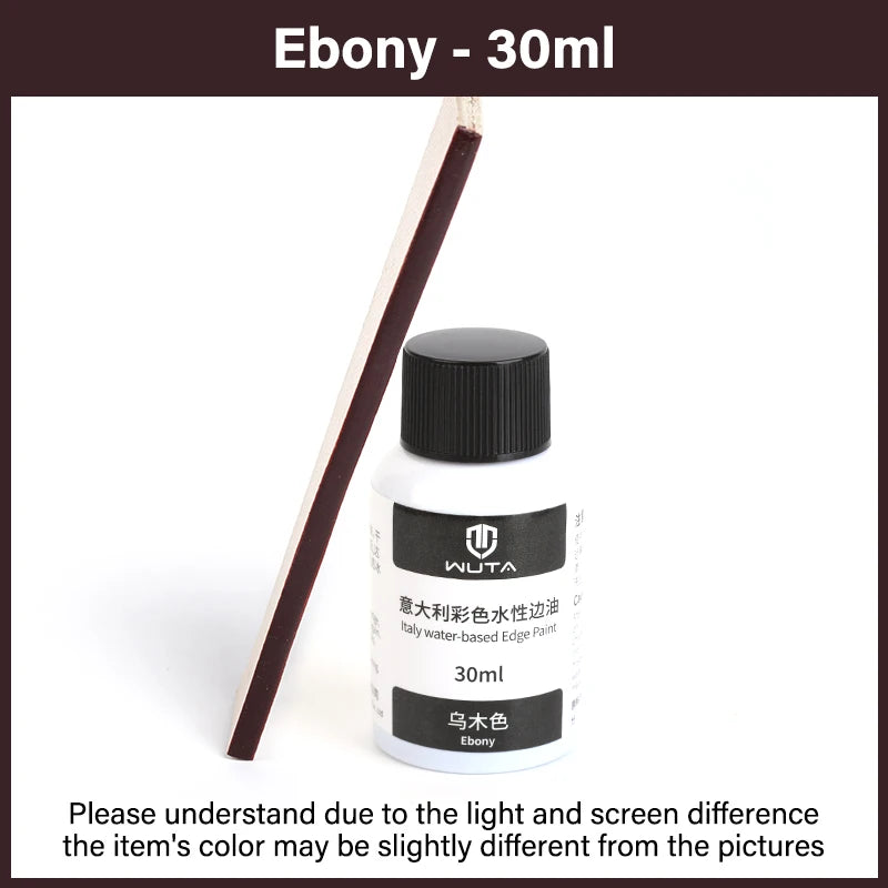 Une bouteille d'huile de peinture cuir Ebony 30ml avec un bâtonnet applicateur en bois.