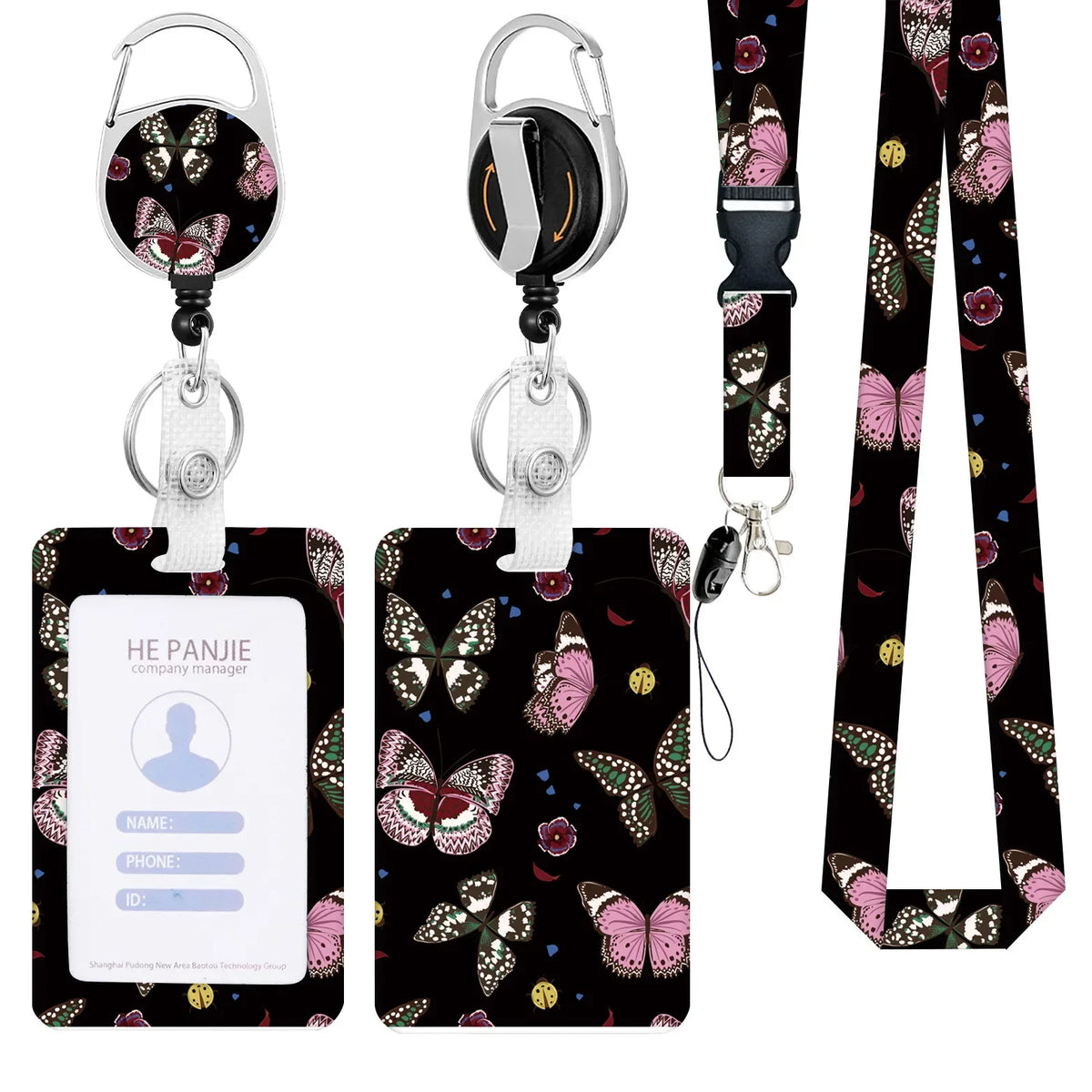 A black and pink patterned badge reel with a silver clip and a black neck strap lanyard.