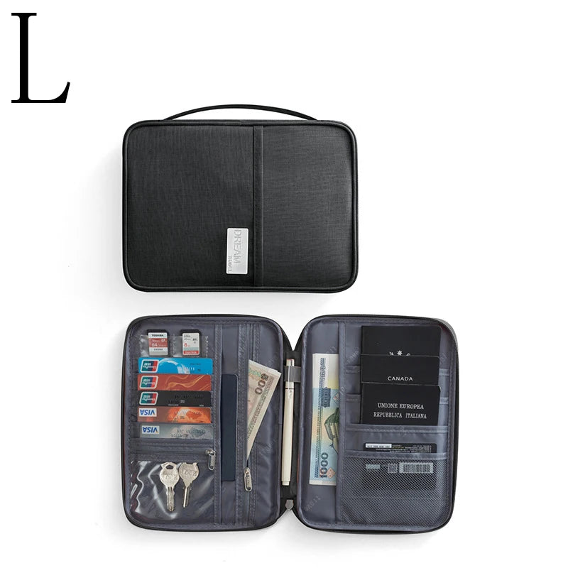 A black multi-functional passport and document organizer with a leather-like finish.
