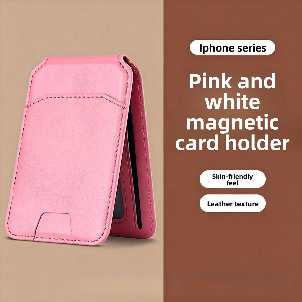 Porte-cartes magnétique rose et blanc pour iPhone avec texture cuir.