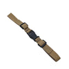 A tan adjustable tactical backpack chest strap harness with black accents.