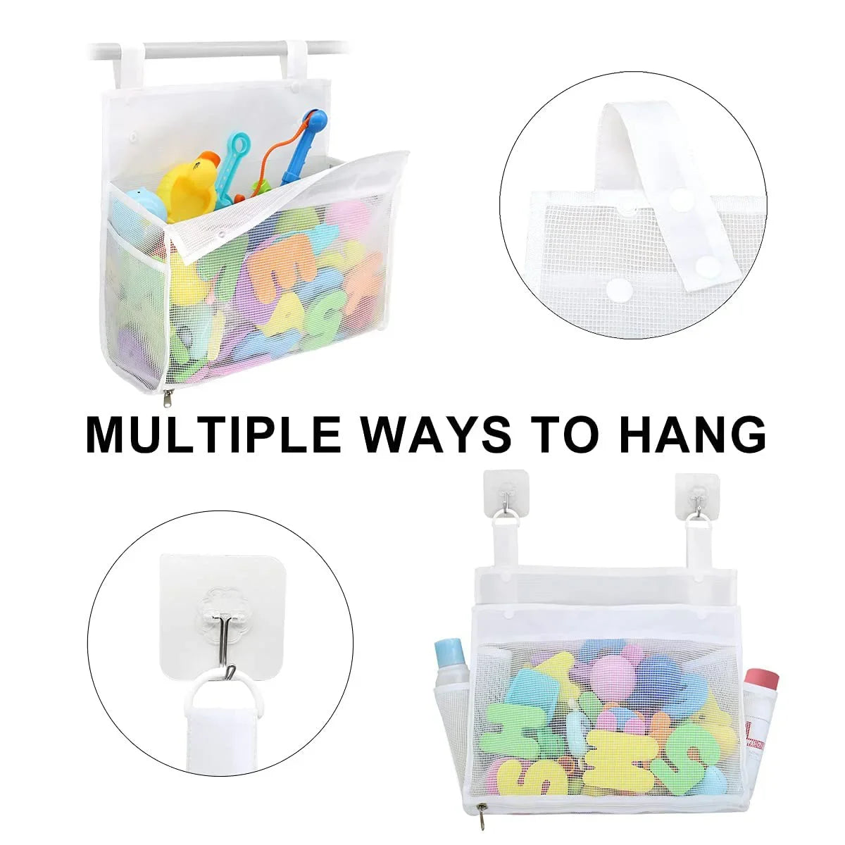 A hanging bath toy organizer bag with multiple ways to hang toys.
