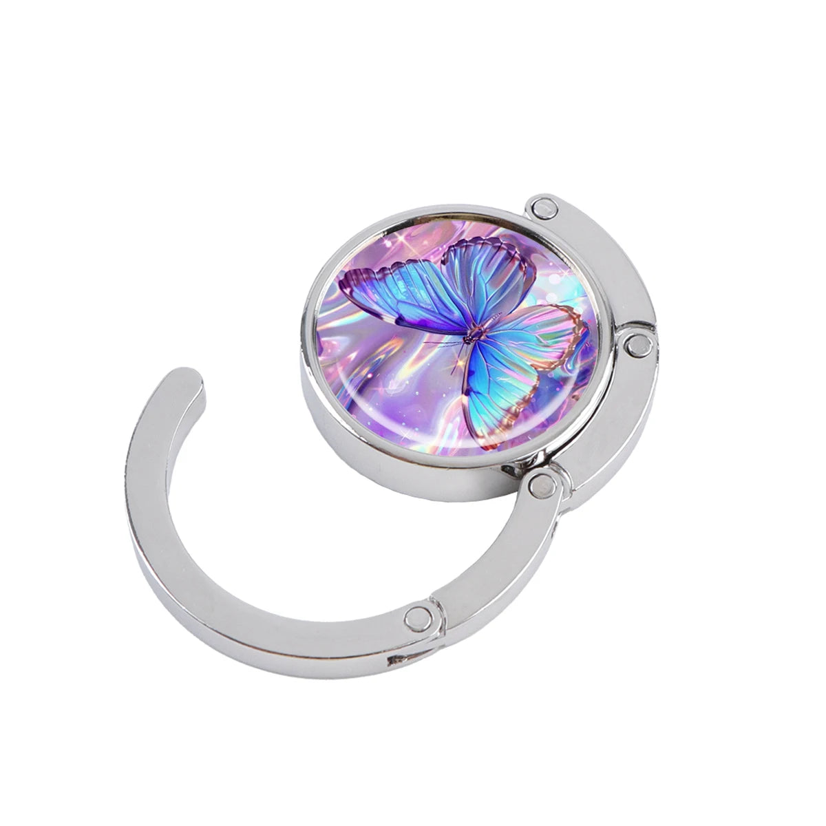 Silver folding table bag hook with a round charm featuring a iridescent butterfly and starry colors