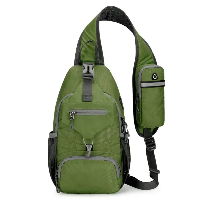 Olive green multi-functional nylon chest sling bag with adjustable straps and pockets