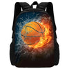 A black sports backpack featuring a graphic of a basketball engulfed in bright orange and yellow flames with lightning effect