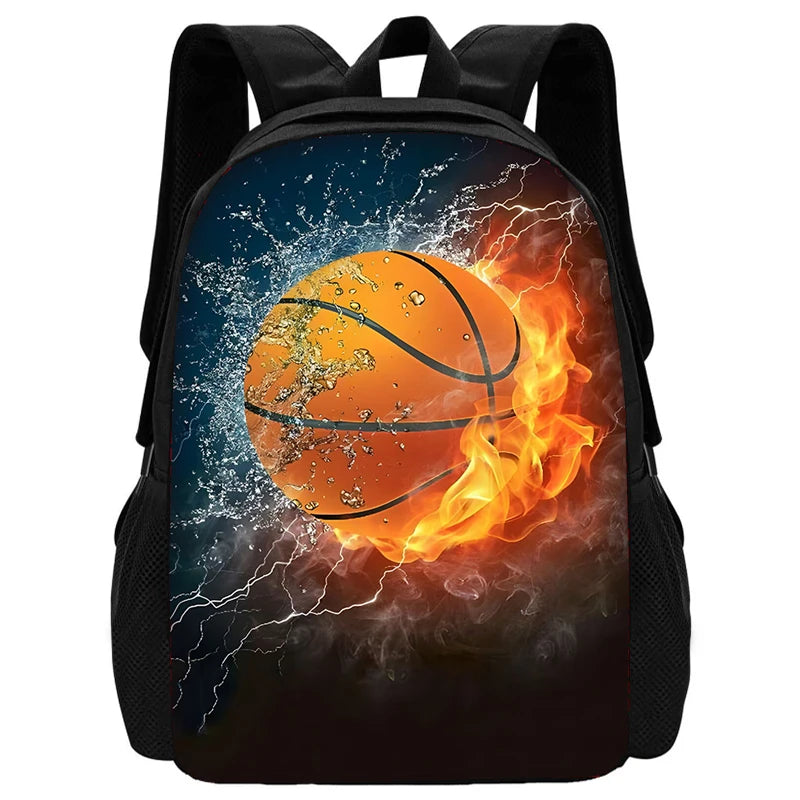 A black sports backpack featuring a graphic of a basketball engulfed in bright orange and yellow flames with lightning effect