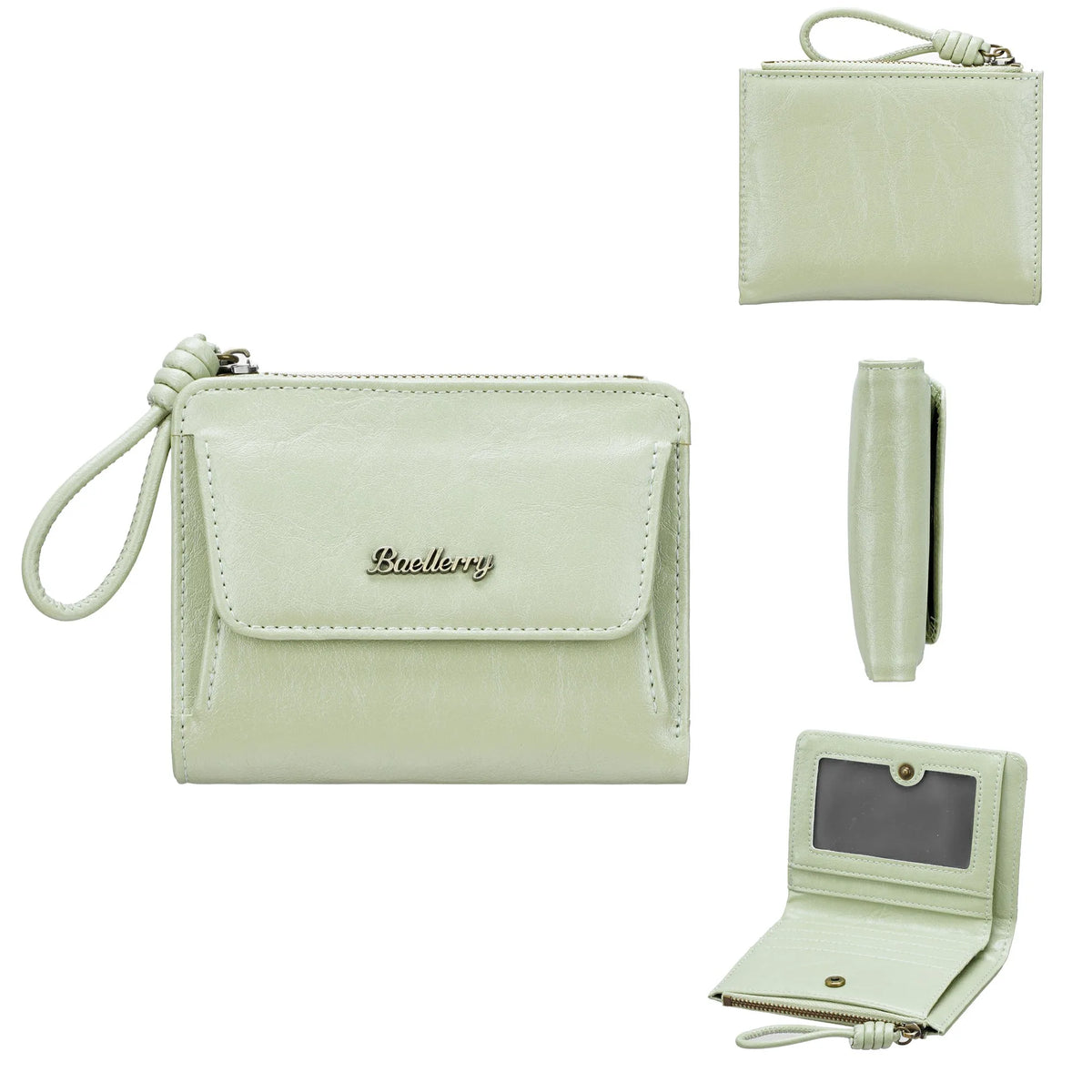 A light mint green Ins-Style women's PU leather mini wallet with a pendant shown in various views.