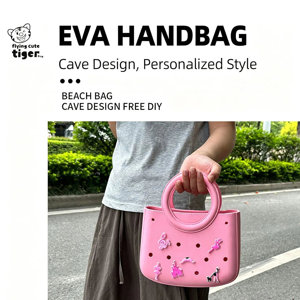 Pink EVA handbag with personalized cave design featuring small pink embellishments