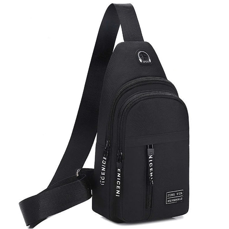 Black men's versatile crossbody sling chest bag with adjustable strap and zipper.