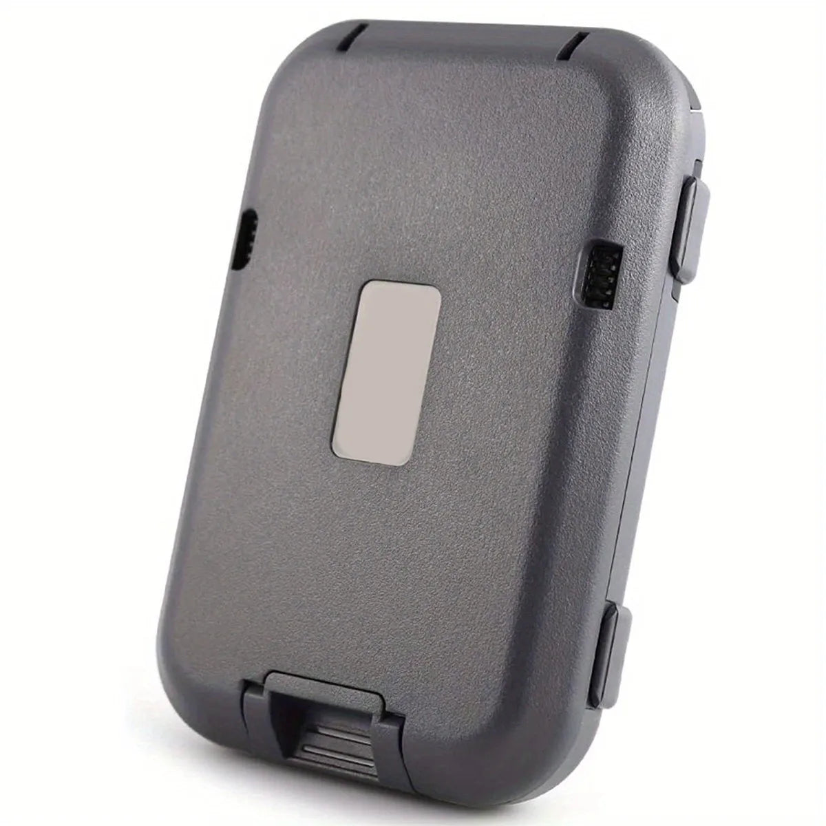 A gray anti-RFID blocking metal ID card wallet with a rectangular window and a protective case.