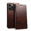 A dark brown magnetic leather flip case with a card holder and multiple camera lenses.
