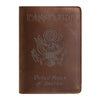 A brown leather passport holder embossed with the words PASSPORT and the seal of the United States of America