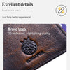 A close-up of a dark brown leather wallet featuring a 3D embossed brand logo.