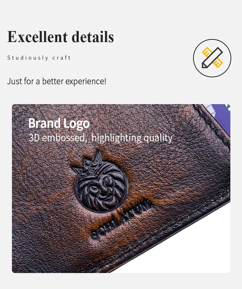 A close-up of a dark brown leather wallet featuring a 3D embossed brand logo.