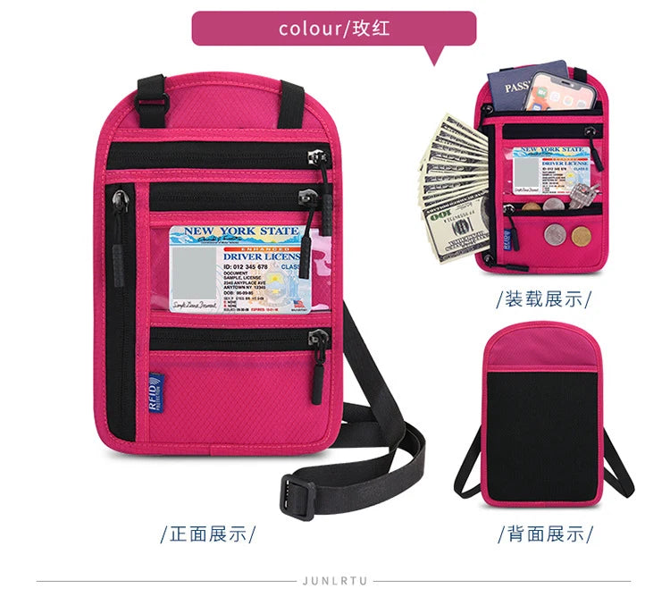 Pink RFID blocking travel passport holder shown in front and back views