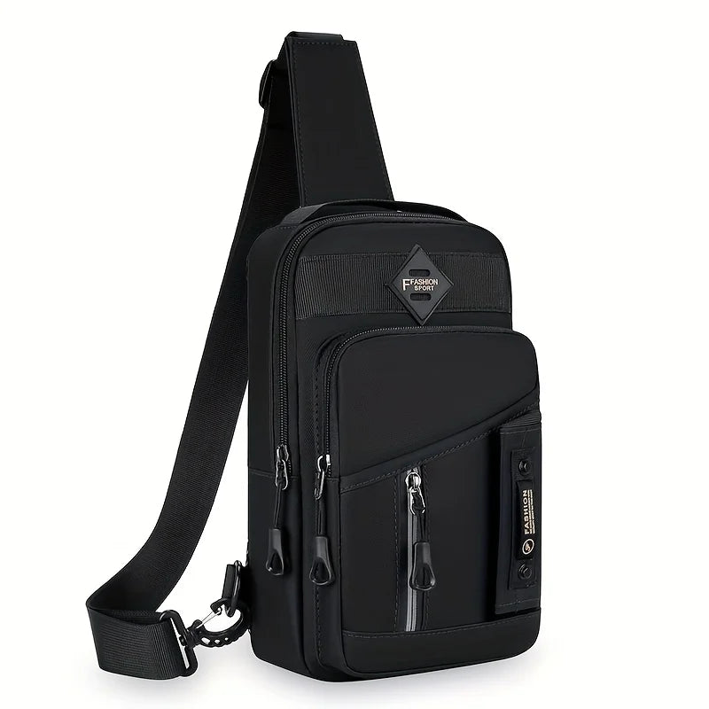 Black men's multi-compartment nylon crossbody sling bag with adjustable strap and multiple pockets