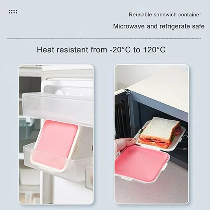 Pink silicone reusable sandwich container shown in a microwave and refrigerator safe context.