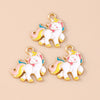 Two gold-toned unicorn horse charm pendants with pink and yellow rainbow accents.