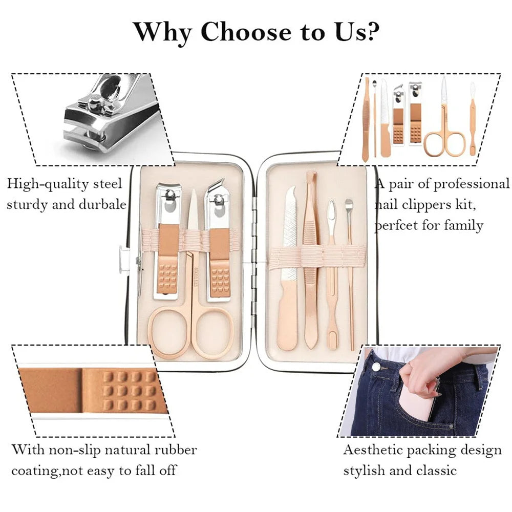 A set of professional stainless steel nail clippers and grooming tools packaged in an aesthetic design.