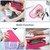 A multi-function pink and purple leather pencil case set shown in various uses and angles.
