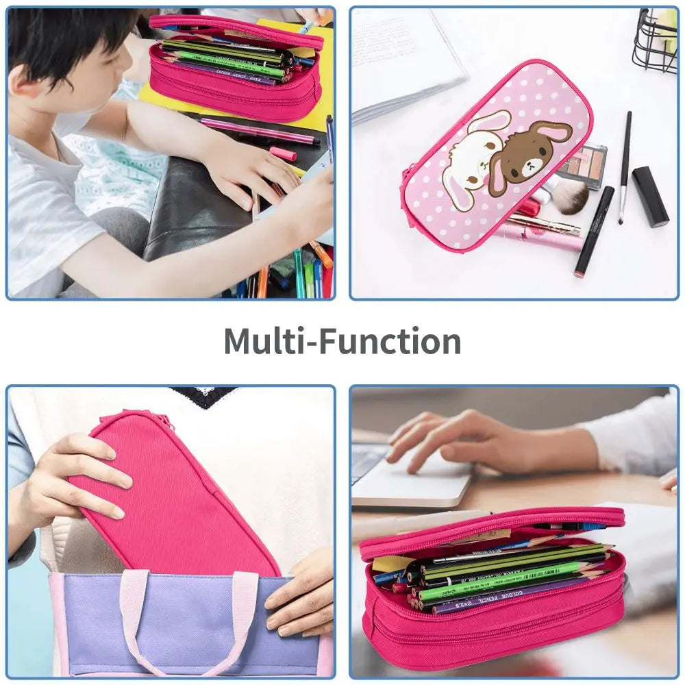 A multi-function pink and purple leather pencil case set shown in various uses and angles.