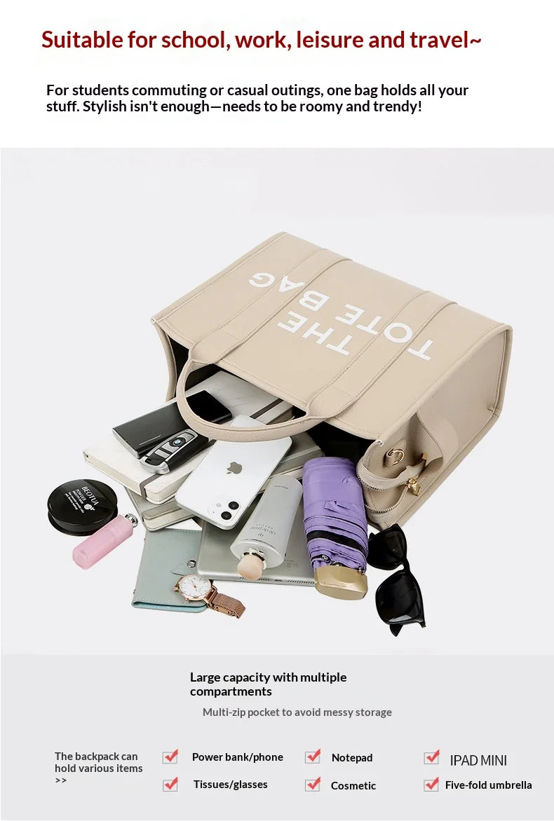 Sac cabas luxe beige en PU designer rempli d'un téléphone, d'un portefeuille, de cosmétiques et d'un carnet.