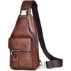 A brown men's PU leather crossbody sling bag with a dark strap and silver hardware.