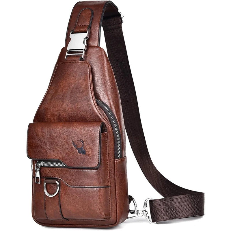 A brown men's PU leather crossbody sling bag with a dark strap and silver hardware.