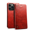 A red leather magnetic flip case for a smartphone with a card holder.