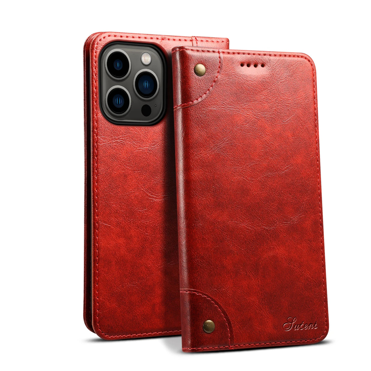 A red leather magnetic flip case for a smartphone with a card holder.