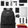 A black durable travel backpack shown with various electronic accessories and gadgets.