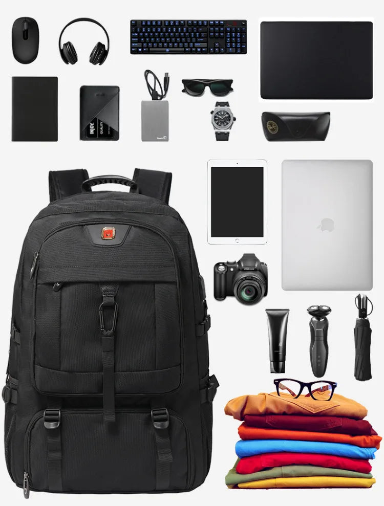 A black durable travel backpack shown with various electronic accessories and gadgets.