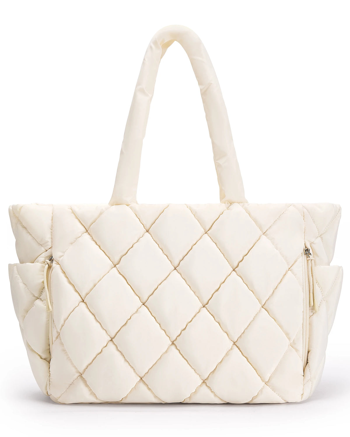 A cream quilted puffy tote bag with a handle and zipper detail.