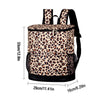 A leopard print backpack with black trim and a zippered top, shown against a white background.