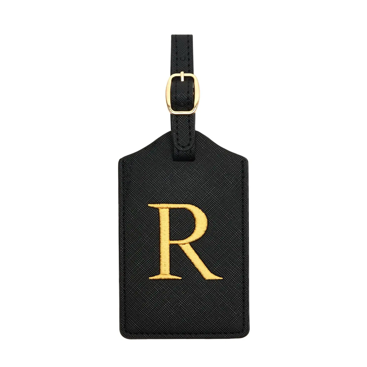 Black PU leather luggage tag with a gold initial R and a metal loop for attachment.