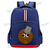 A dark blue cartoon anime backpack featuring a round, brown character design.