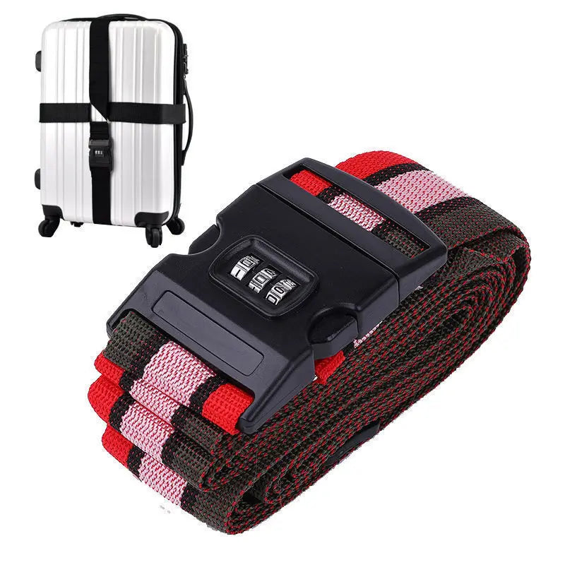 Black and red adjustable luggage cross strap with a combination lock