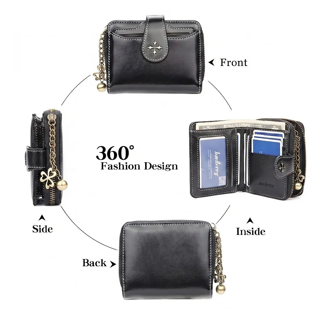Black leather mini wallet with a gold charm shown from the front, side, and back views.