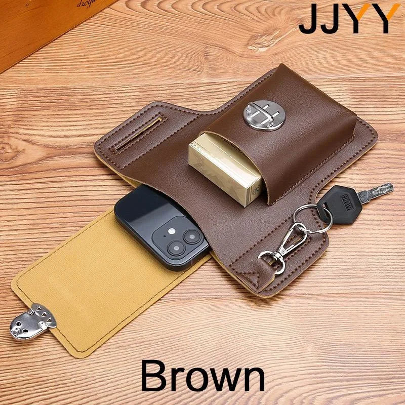 A brown vintage leather waist bag with a belt clip is shown next to a smartphone.