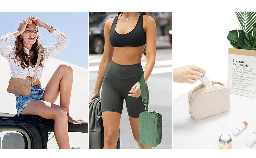A woman wearing a dark olive green quilted nylon wristlet wallet with a strap and a matching pouch.