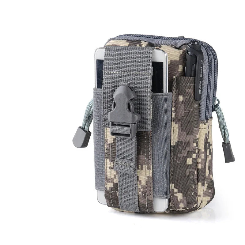Taktische Tarnbein-Tasche mit grau-braunem Muster und schwarzem Verschluss.