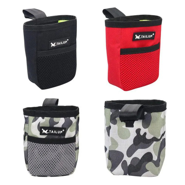 Four pet training treat pouches for dogs in black, red, camouflage, and gray patterns.