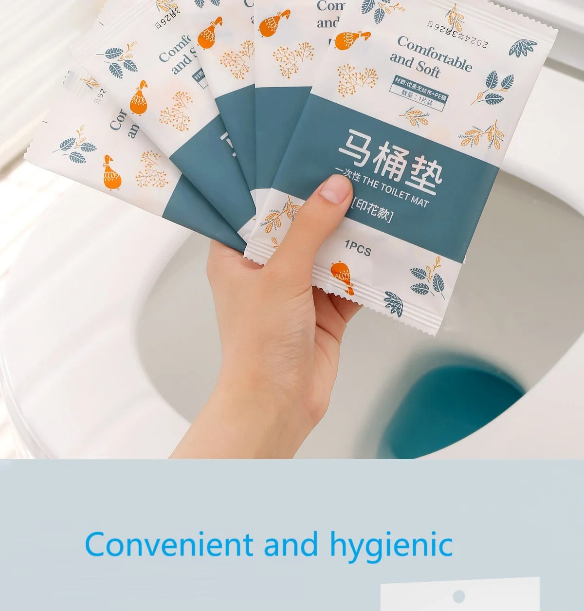 A hand is holding a pack of disposable toilet seat covers, featuring a floral pattern and blue accents.