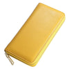 A yellow genuine leather zipper wallet shown from above.