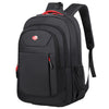 Black unisex double-shoulder travel backpack with red accents