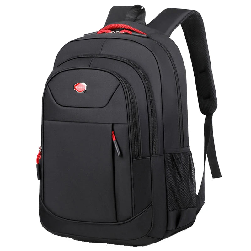 Black unisex double-shoulder travel backpack with red accents