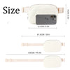 Ivory fleece crossbody belt bag shown with various size options and a smartphone display.